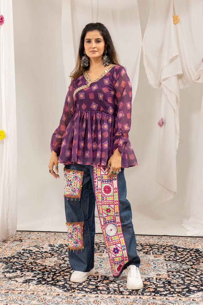 Purple Mirror Work Kediya with Denim Jeans Set