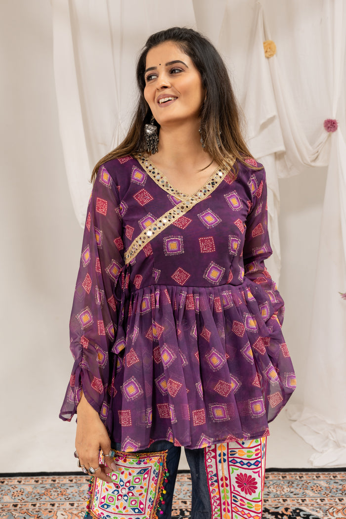 Purple Mirror Work Kediya with Denim Jeans Set