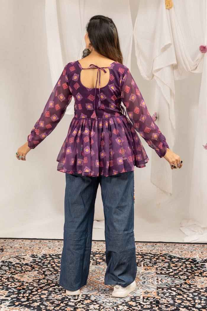 Purple Mirror Work Kediya with Denim Jeans Set
