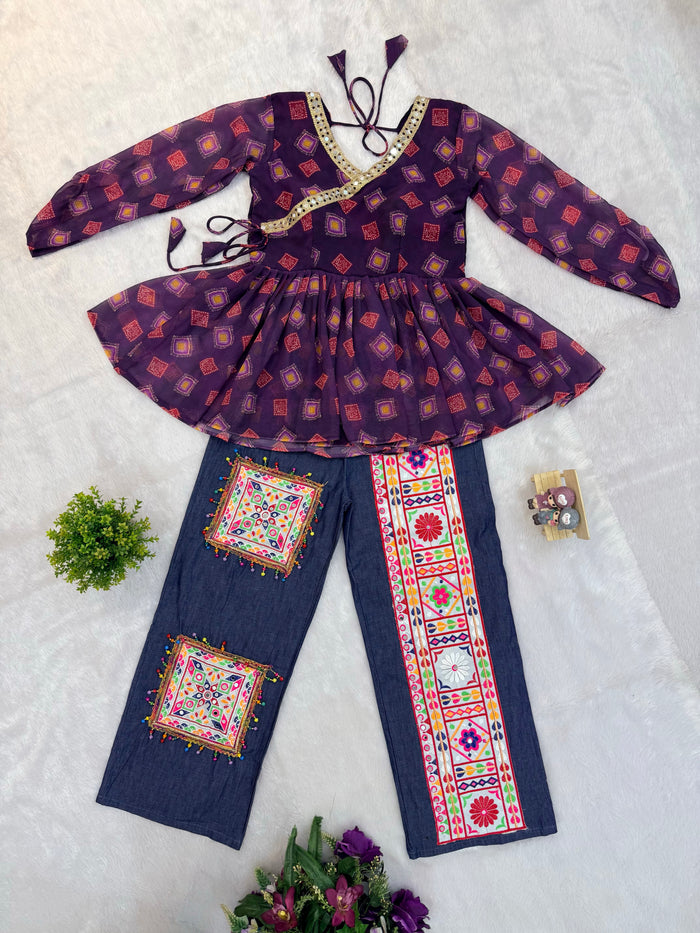 Purple Mirror Work Kediya with Denim Jeans Set
