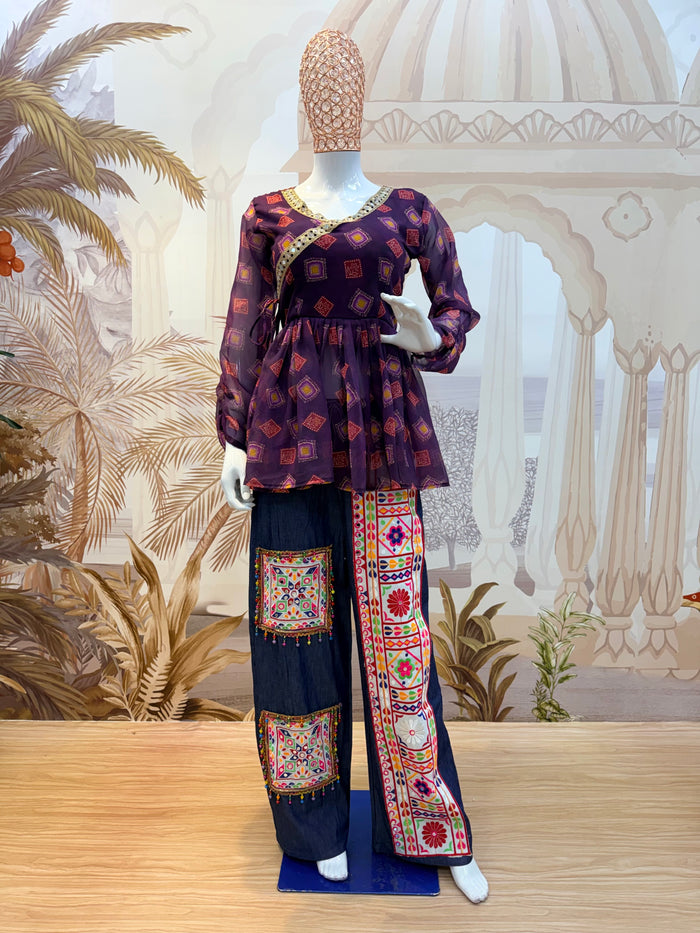 Purple Mirror Work Kediya with Denim Jeans Set