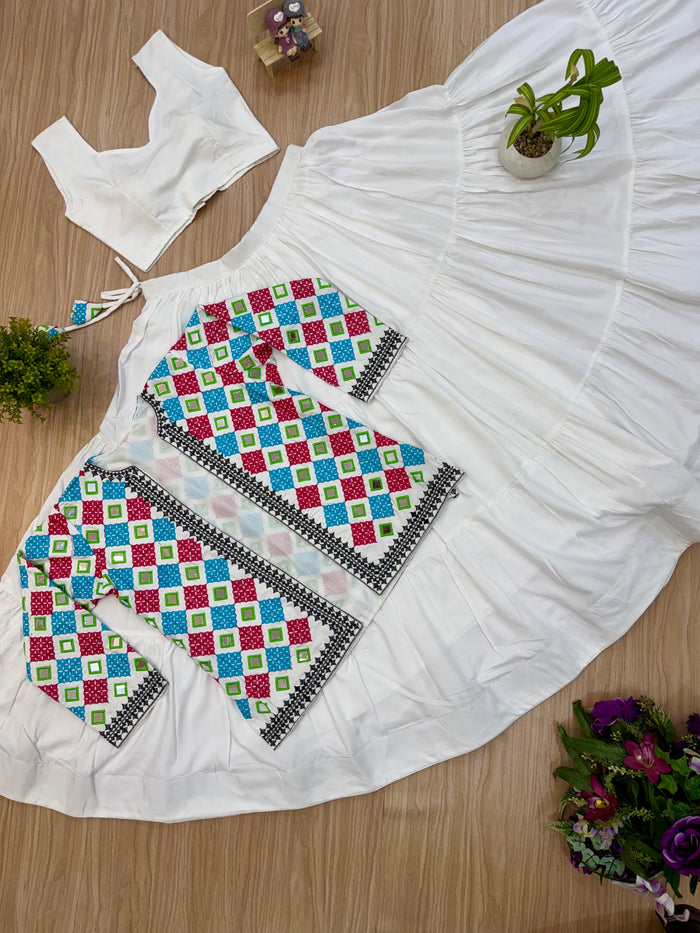 White Reyon Mirror Work Lehenga Koti Set