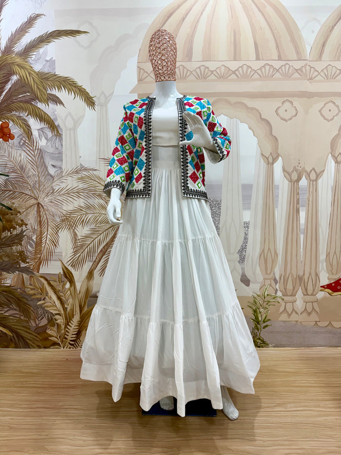 White Reyon Mirror Work Lehenga Koti Set