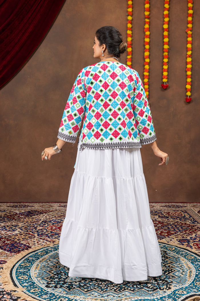 White Reyon Mirror Work Lehenga Koti Set