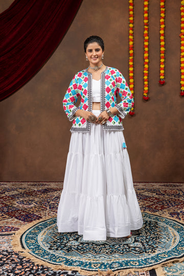 White Reyon Mirror Work Lehenga Koti Set