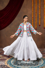 White Reyon Mirror Work Lehenga Koti Set