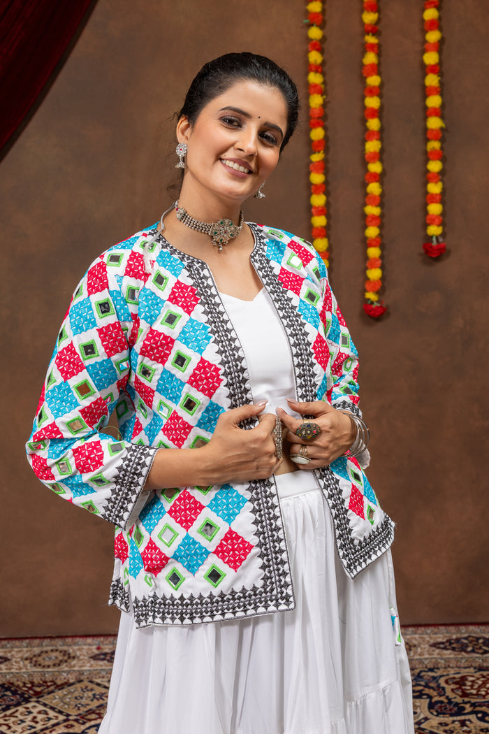 White Reyon Mirror Work Lehenga Koti Set