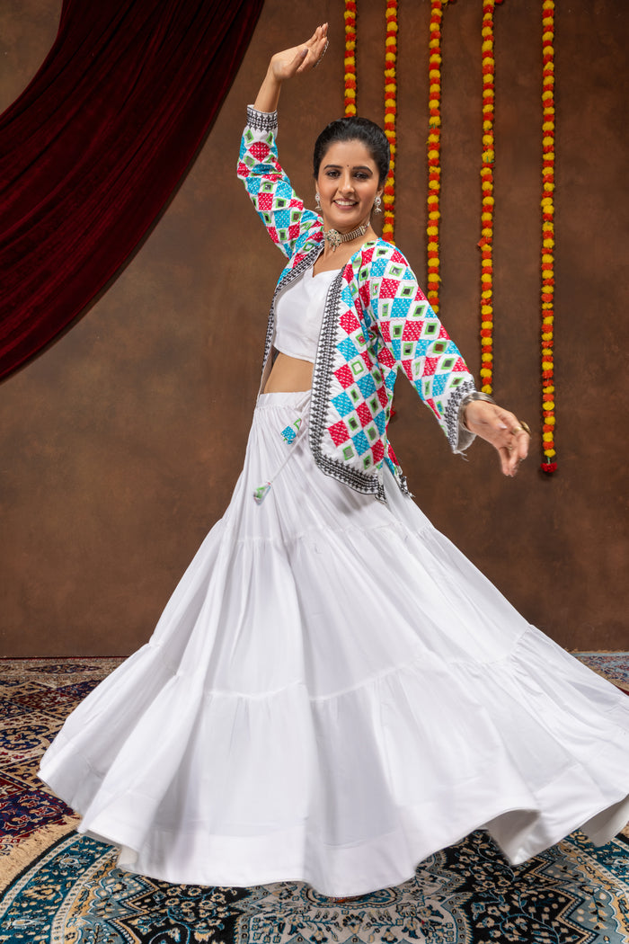 White Reyon Mirror Work Lehenga Koti Set