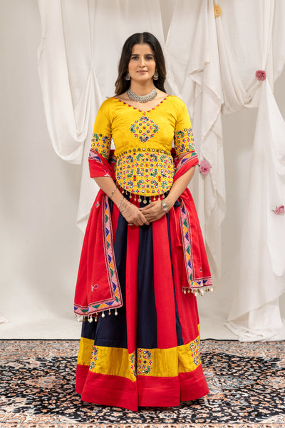 Red Navy Mirror Work Lehenga Set