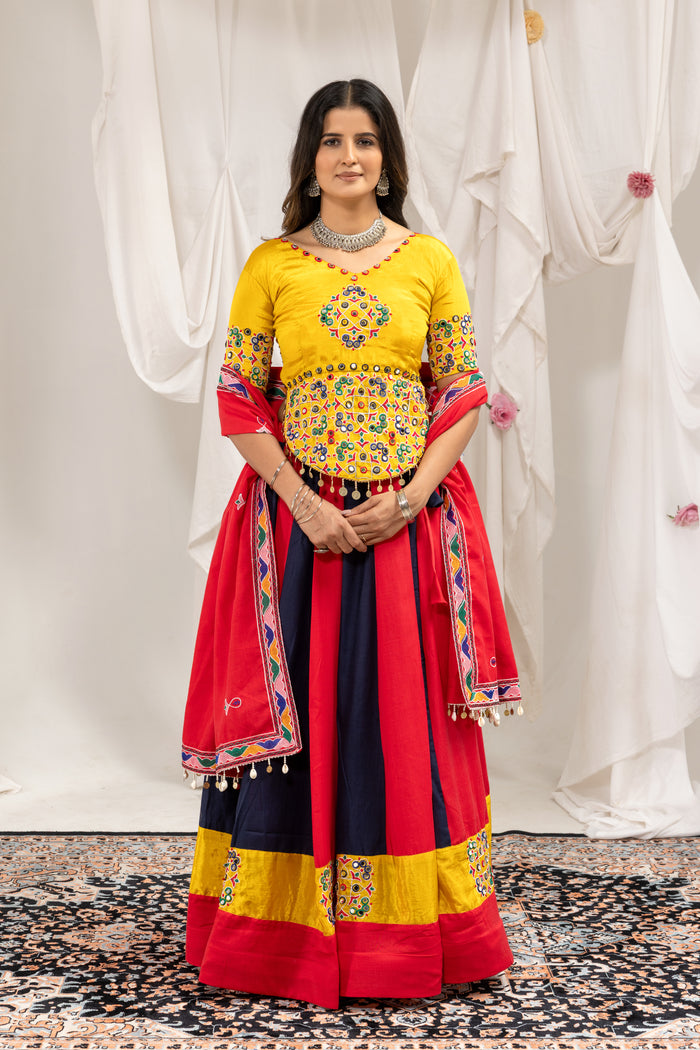 Red Navy Mirror Work Lehenga Set