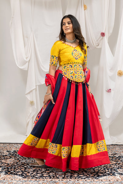 Red Navy Mirror Work Lehenga Set