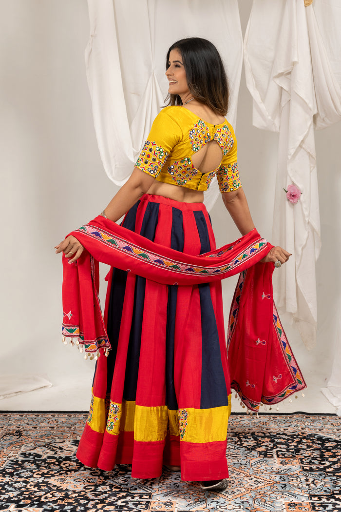 Red Navy Mirror Work Lehenga Set