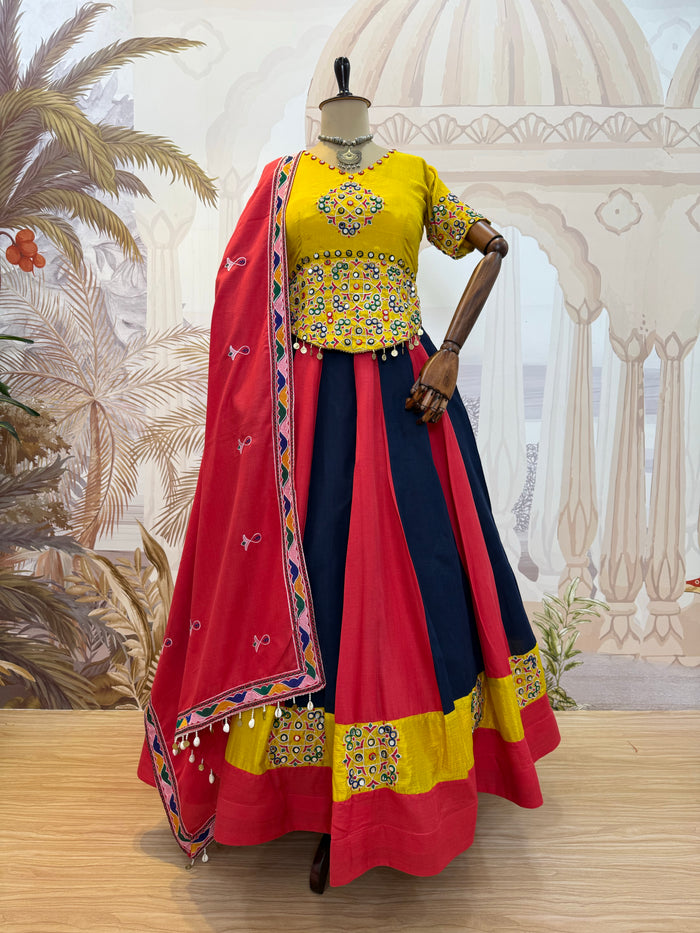 Red Navy Mirror Work Lehenga Set