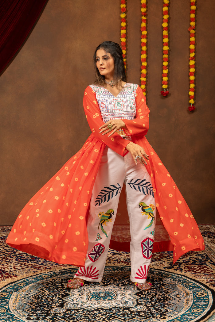 Orange Jute Embroidery Shrug with Denim Jeans