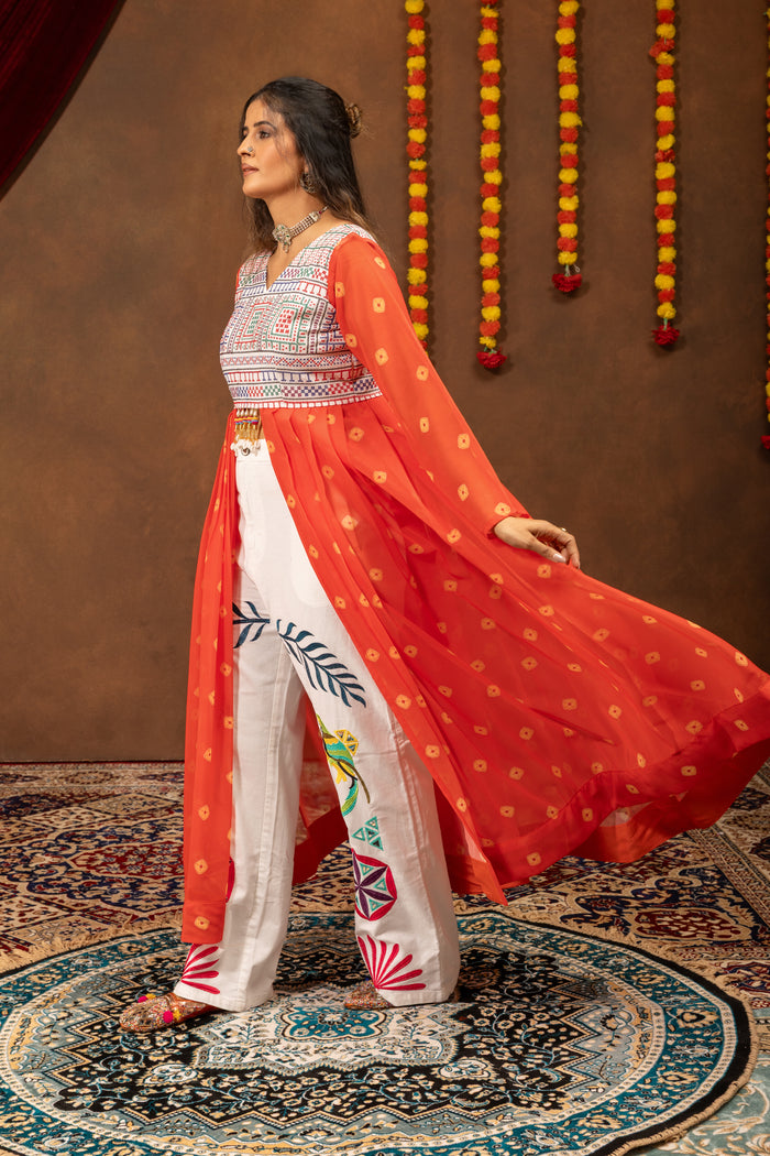 Orange Jute Embroidery Shrug with Denim Jeans