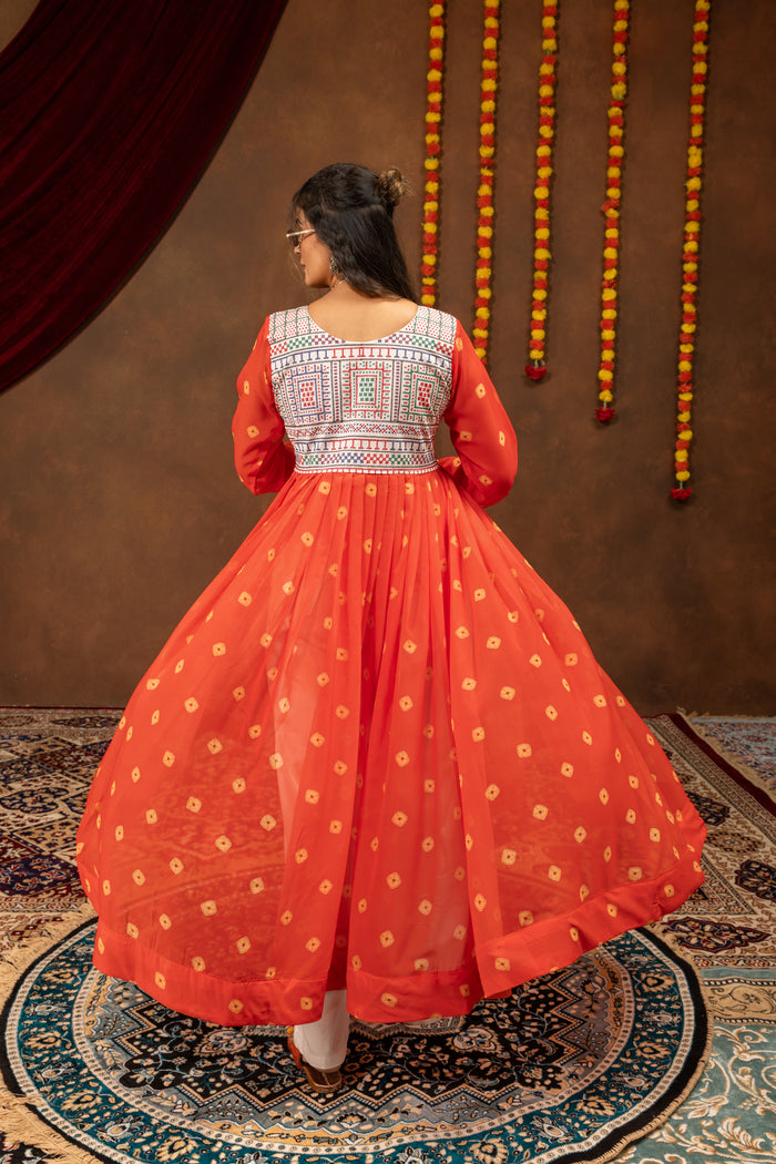 Orange Jute Embroidery Shrug with Denim Jeans