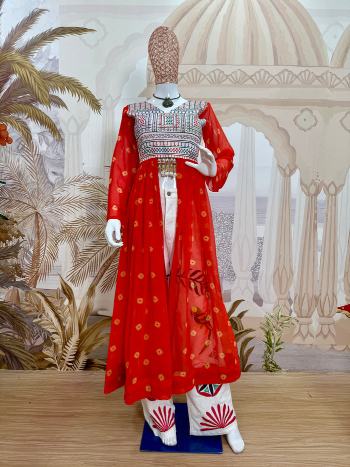 Orange Jute Embroidery Shrug with Denim Jeans