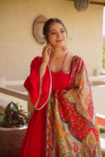 Ruby Red Blooming Faux Georgette Suit Set
