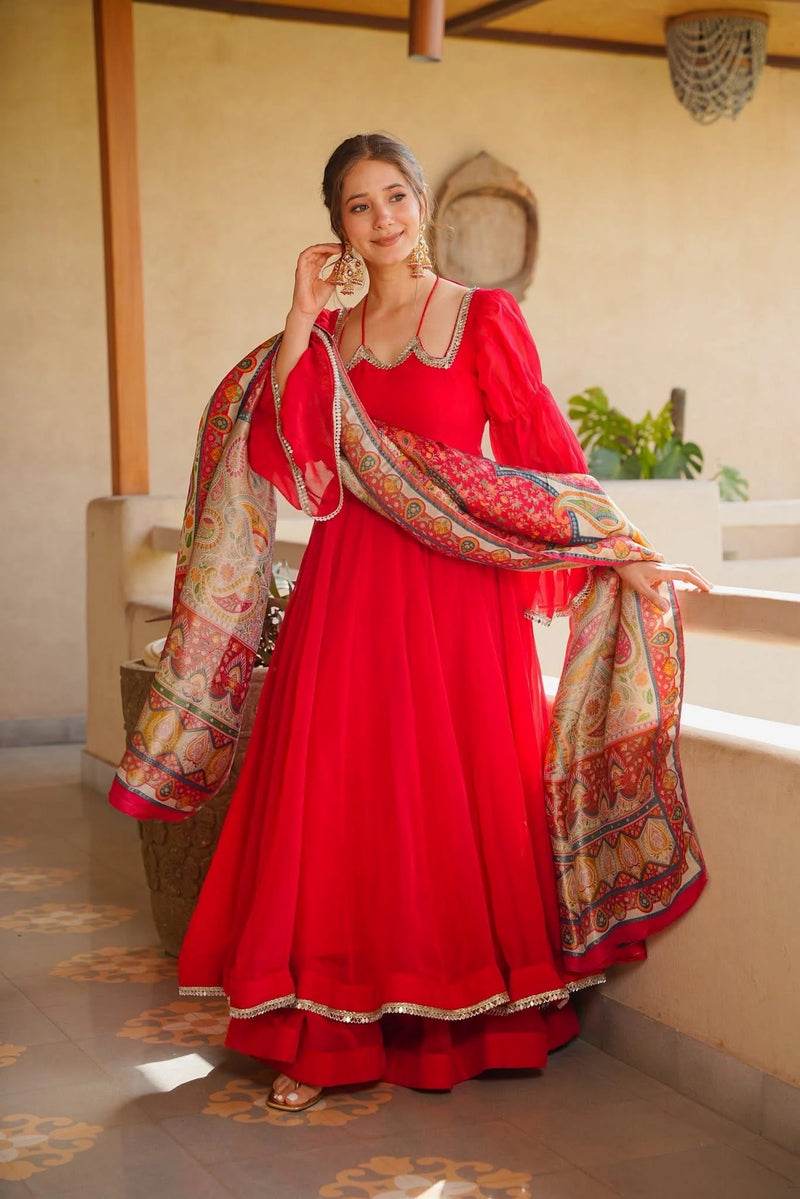 Ruby Red Blooming Faux Georgette Suit Set