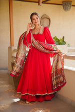 Ruby Red Blooming Faux Georgette Suit Set