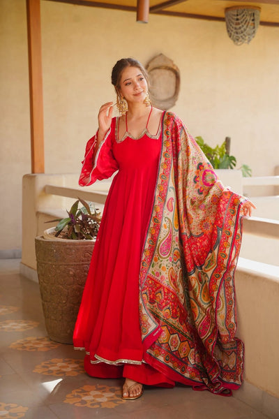 Ruby Red Blooming Faux Georgette Suit Set