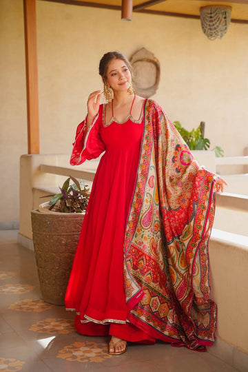 Ruby Red Blooming Faux Georgette Suit Set