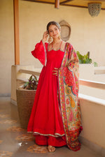 Ruby Red Blooming Faux Georgette Suit Set