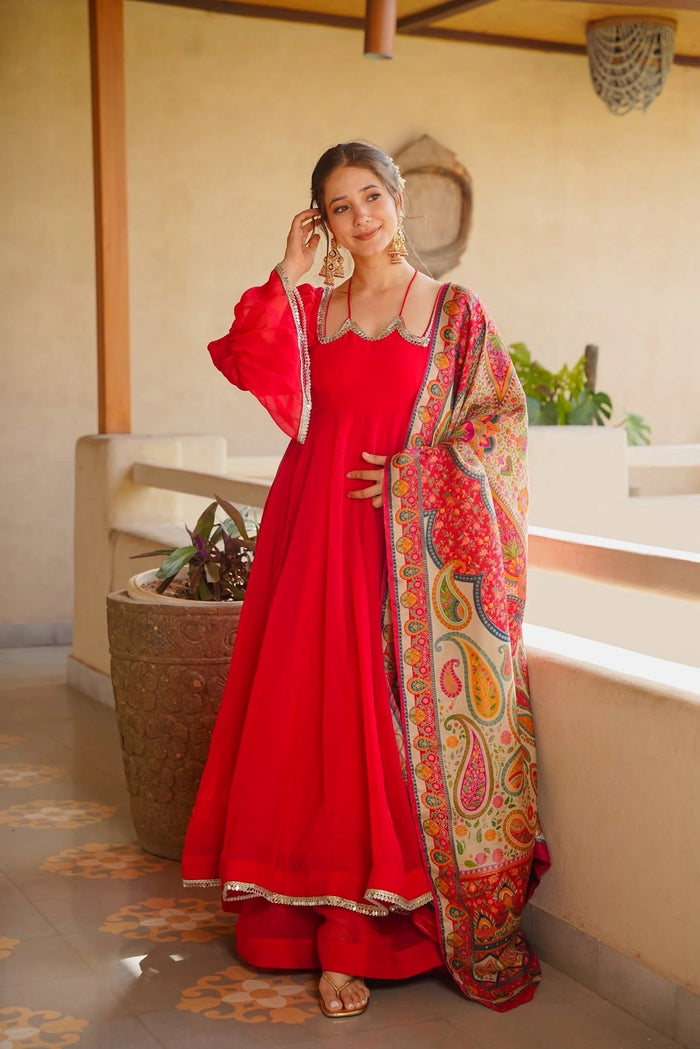 Ruby Red Blooming Faux Georgette Suit Set