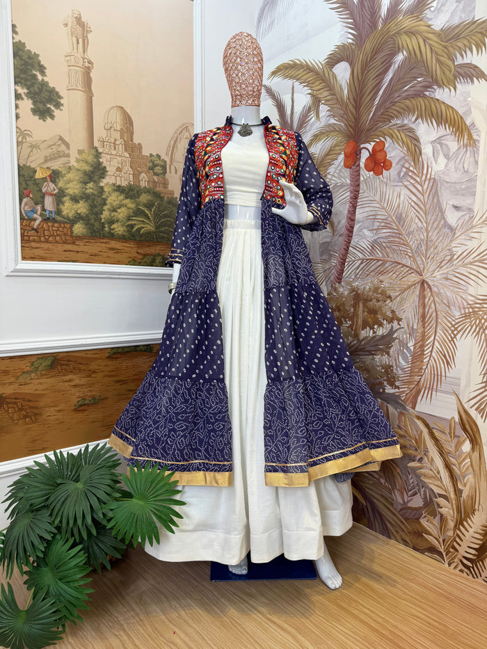 Navy Blue Ethnic Printed Long Shrug with White Dress Set
