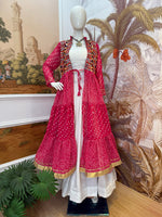 Rani Pink Ethnic Printed Long Shrug with White Dress Set
