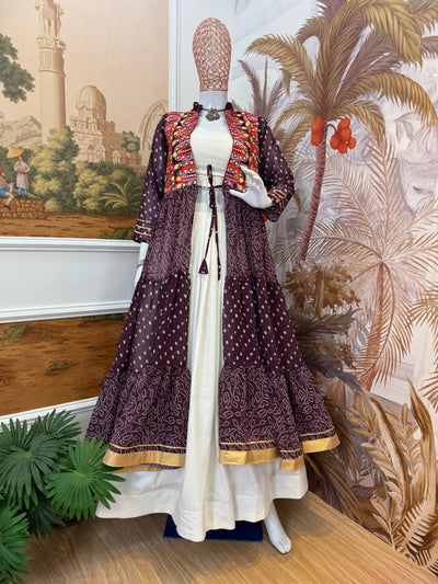 Wine Ethnic Printed Long Shrug with White Dress Set