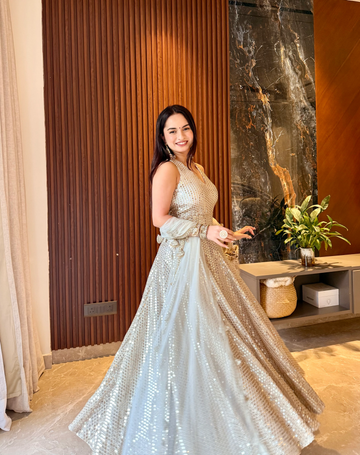 Silver Mirror Work Anarkali Gown with Sheer Dupatta