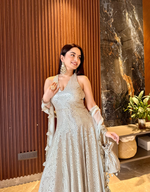 Silver Mirror Work Anarkali Gown with Sheer Dupatta