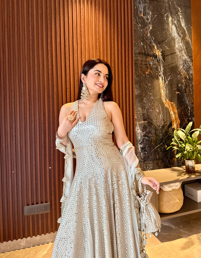 Silver Mirror Work Anarkali Gown with Sheer Dupatta