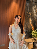 Silver Mirror Work Anarkali Gown with Sheer Dupatta
