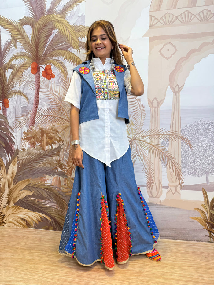 Indigo Denim Embroidered Indo-Western Coord Set