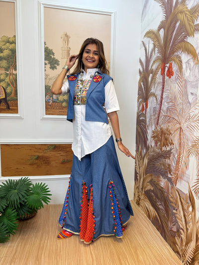 Indigo Denim Embroidered Indo-Western Coord Set