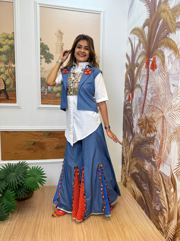 Indigo Denim Embroidered Indo-Western Coord Set