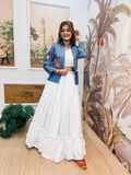 Indigo Denim Koti with White Cotton Lehenga Set
