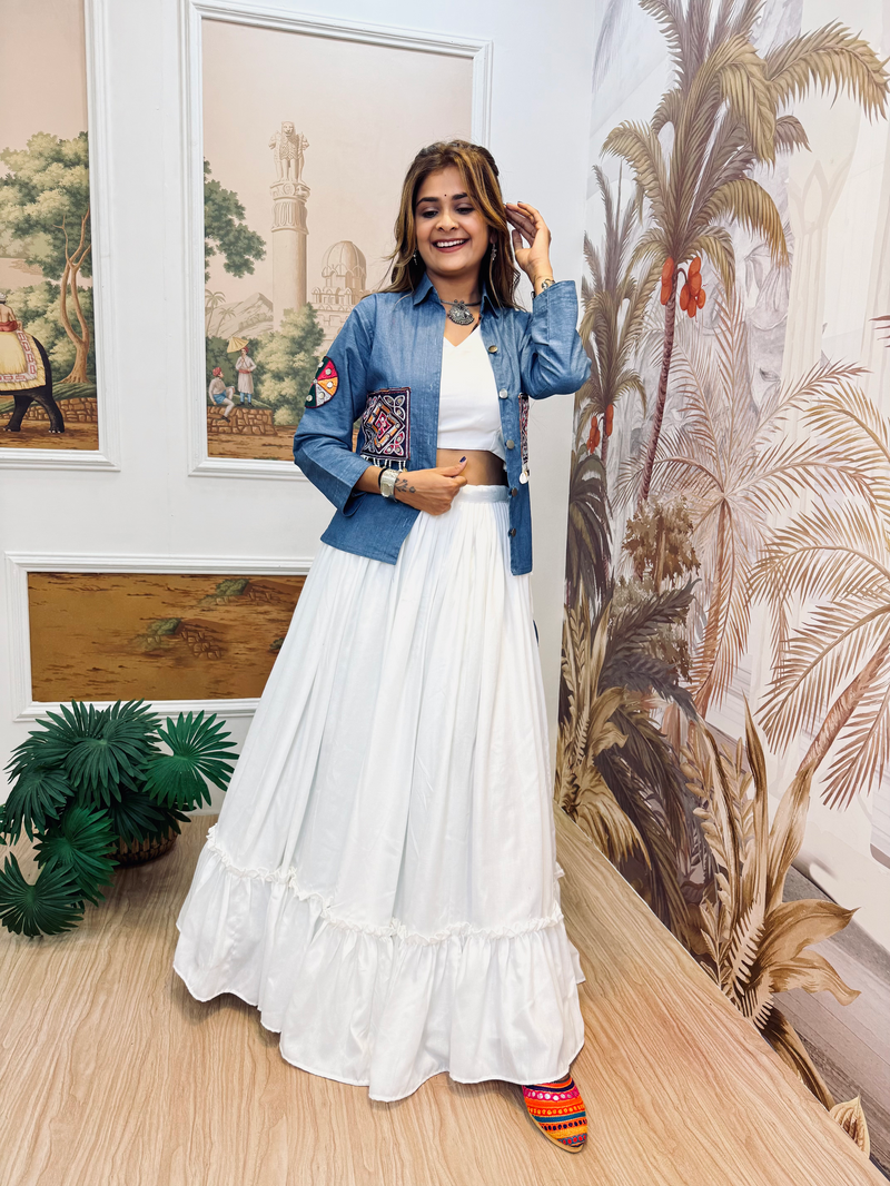 Indigo Denim Koti with White Cotton Lehenga Set