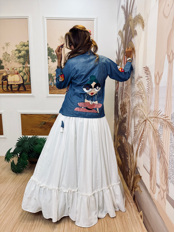 Indigo Denim Koti with White Cotton Lehenga Set