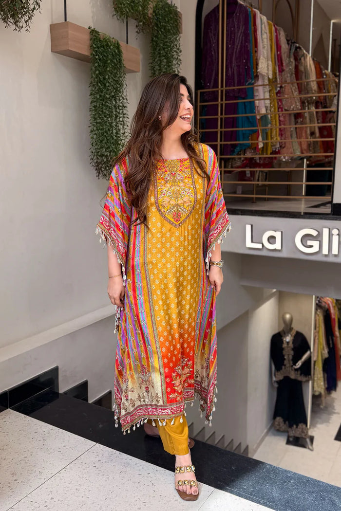 Mustard Pure Banana Silk Kaftan Co-Ord Set