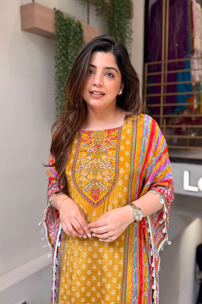Mustard Pure Banana Silk Kaftan Co-Ord Set