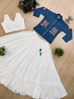 Indigo Denim Koti with White Cotton Lehenga Set
