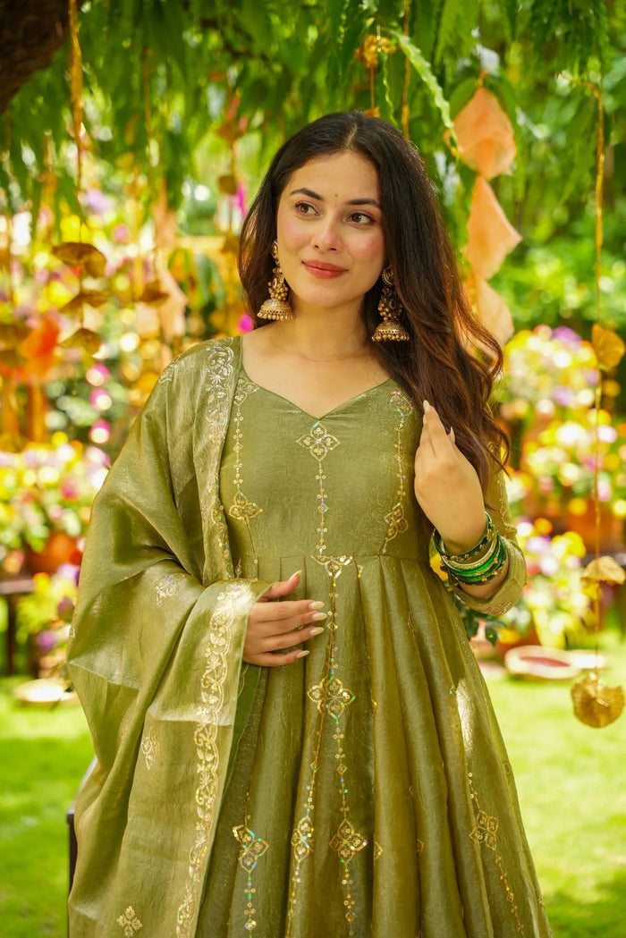 Olive Cruncy Silk Anarkali Suit Set