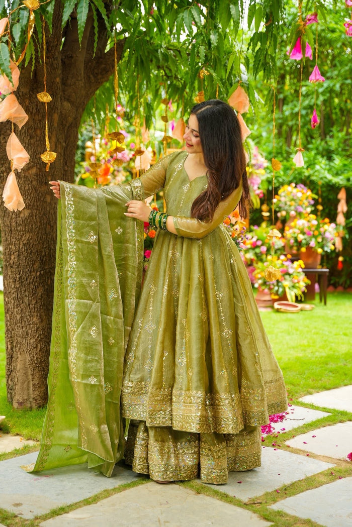 Olive Cruncy Silk Anarkali Suit Set