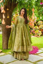 Olive Cruncy Silk Anarkali Suit Set
