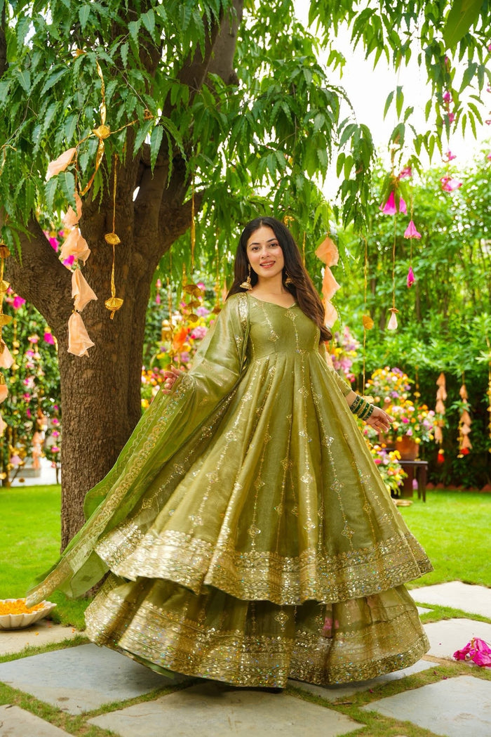 Olive Cruncy Silk Anarkali Suit Set