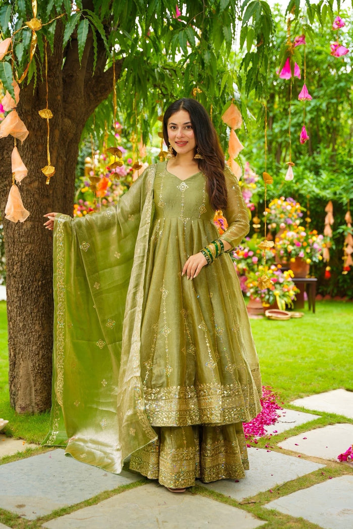 Olive Cruncy Silk Anarkali Suit Set