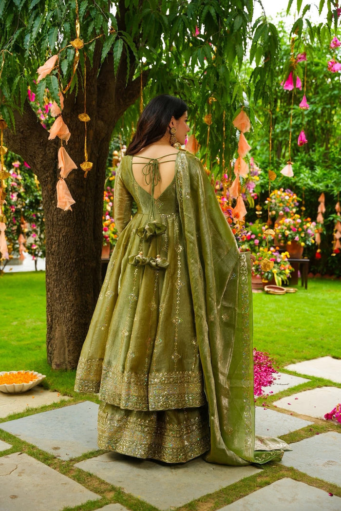 Olive Cruncy Silk Anarkali Suit Set